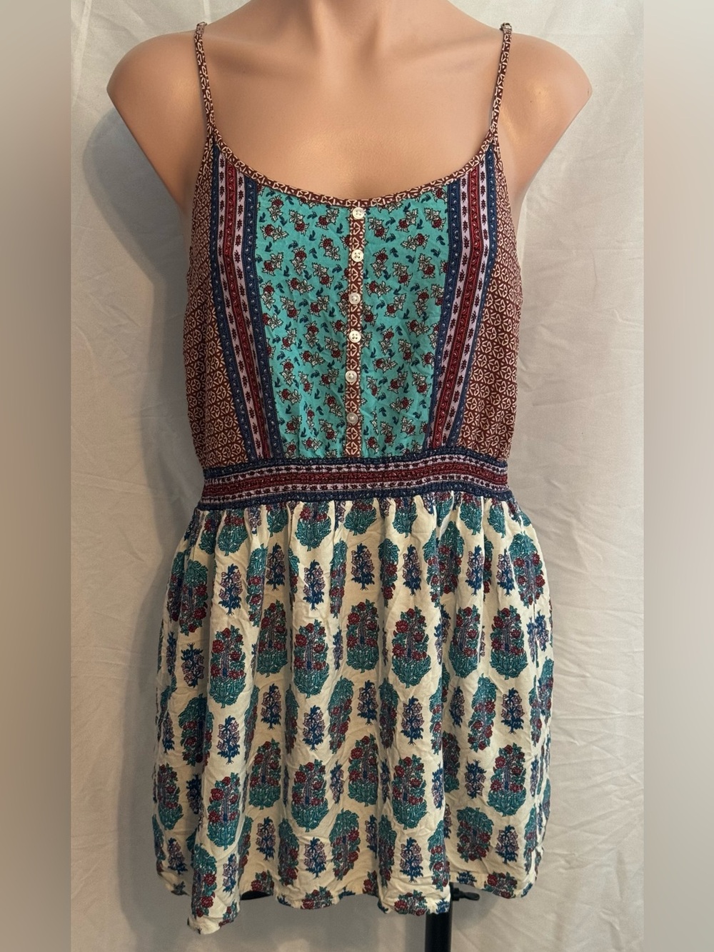 Boho Spaghetti Strap tank top in Teal & Cream